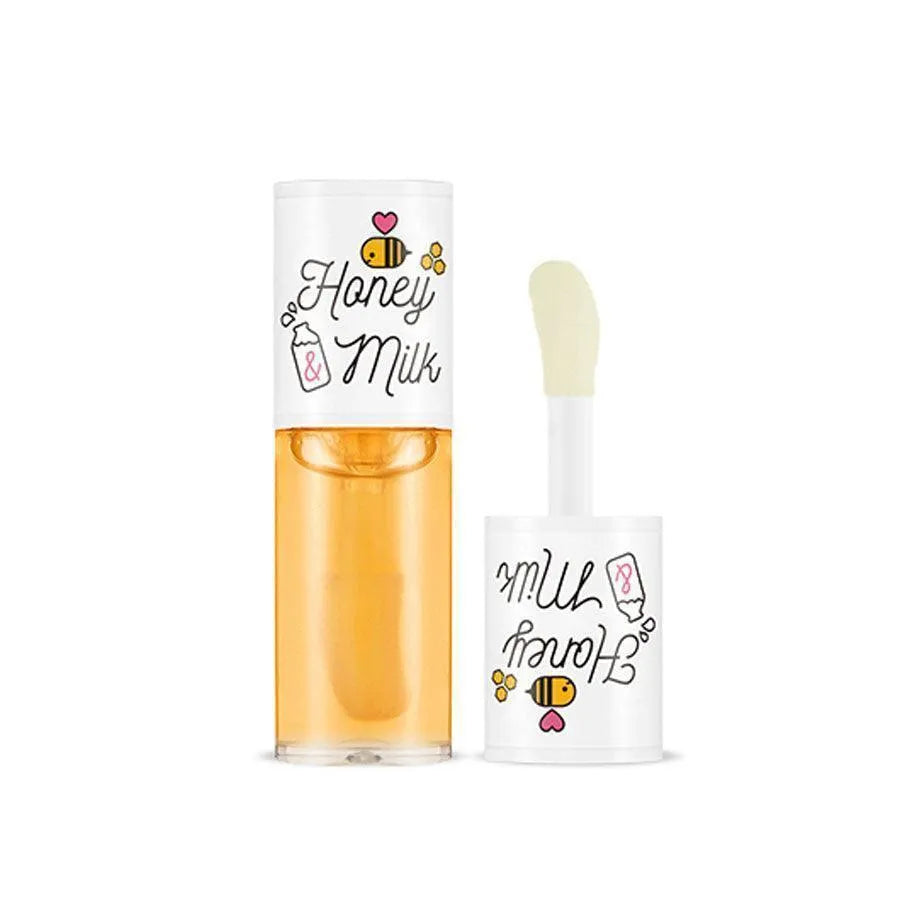 A'pieu Honey and Milk Lip Oil, clear tube with cute bee and milk bottle, Korean skincare product