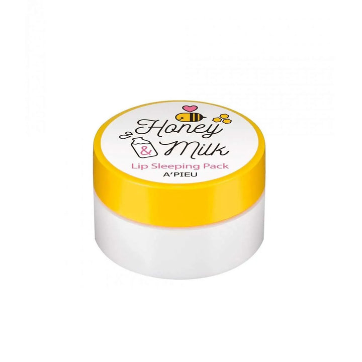 A'PIEU Honey & Milk Lip Sleeping Pack in a white jar with yellow lid, Korean skincare Netherlands