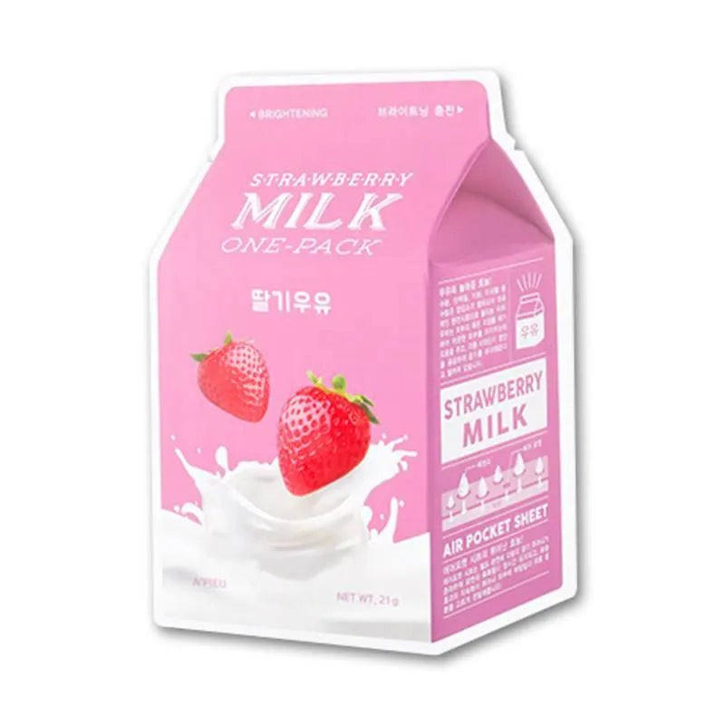 A'Pieu Strawberry Milk One-Pack Korean sheet mask in pink carton, with milk splash and strawberries.