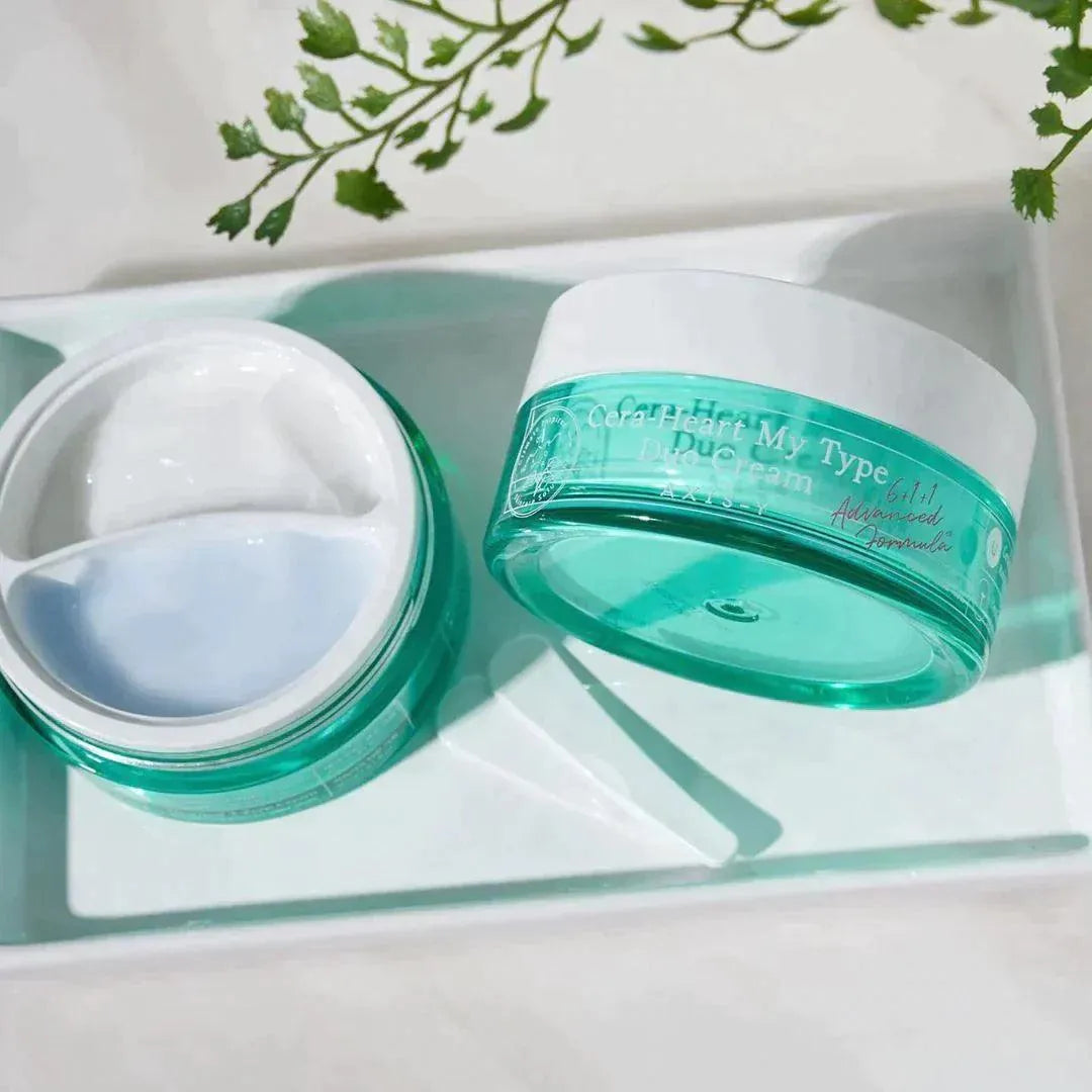 Axis-Y Cera Heart My Type Duo Cream in green jars on white tray, Korean skincare product