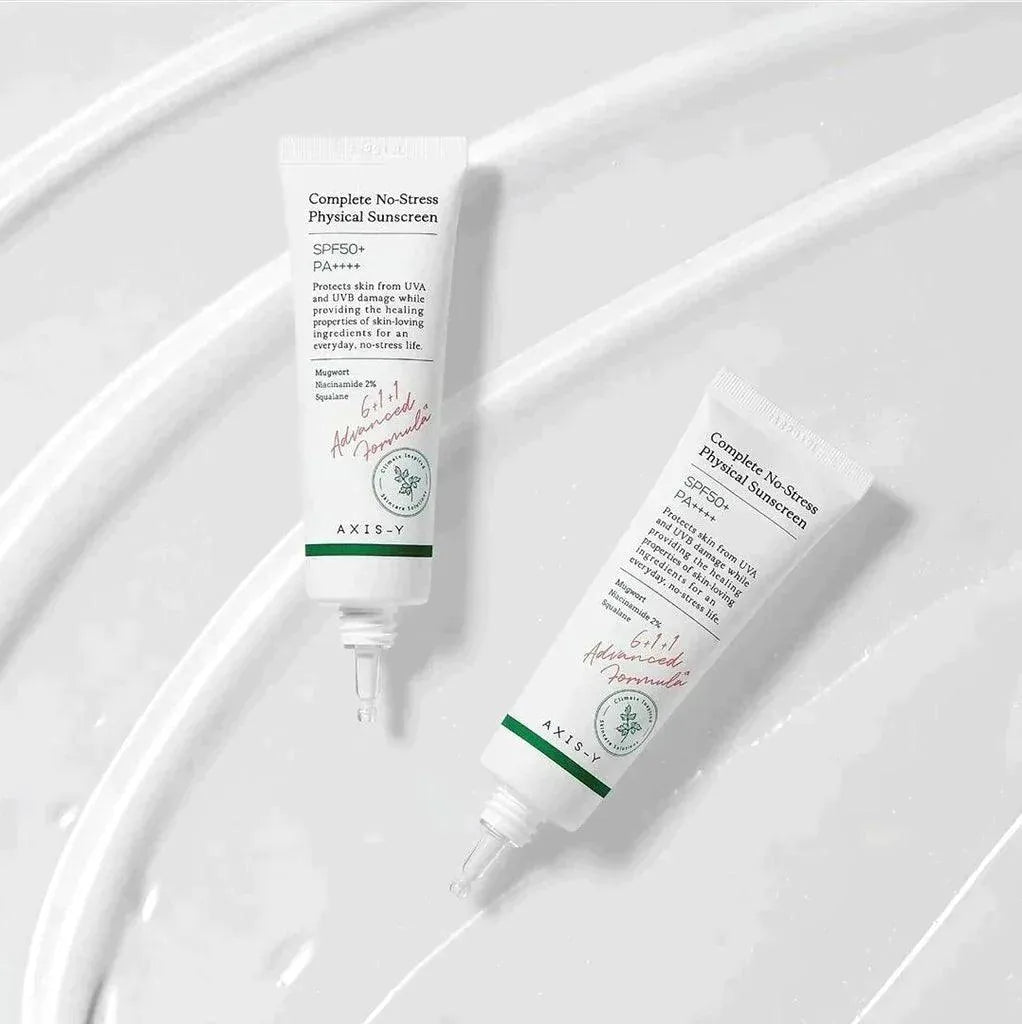 AXIS-Y Complete No-Stress Physical Sunscreen tubes on white, Korean skincare at Me Time Groningen