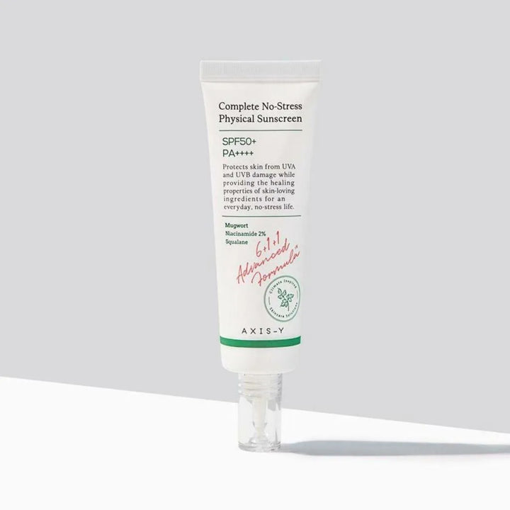 Axis-Y Complete No-Stress Physical Sunscreen tube on a grey and white background, Korean skincare Netherlands