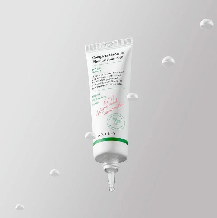 AXIS-Y Complete No-Stress Physical Sunscreen tube with SPF 50+ on a light background, Korean skincare Me Time Groningen