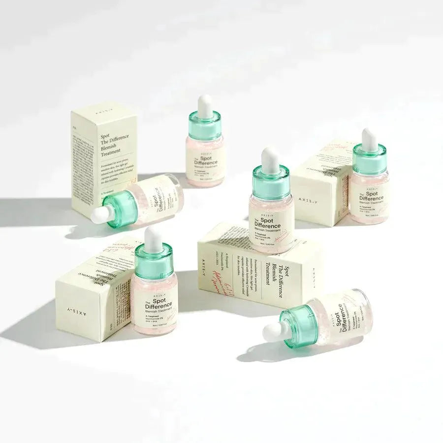 Axis-Y Spot The Difference Blemish Treatment bottles and boxes, Korean skincare product