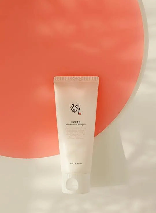Beauty of Joseon Apricot Blossom Peeling Gel on peach background, Korean skincare Nederland