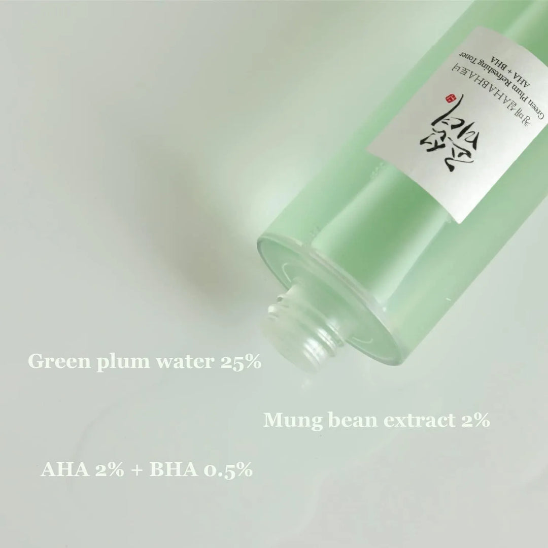 Beauty of Joseon Green Plum Refreshing Toner AHA BHA bottle on a light background, Korean skincare