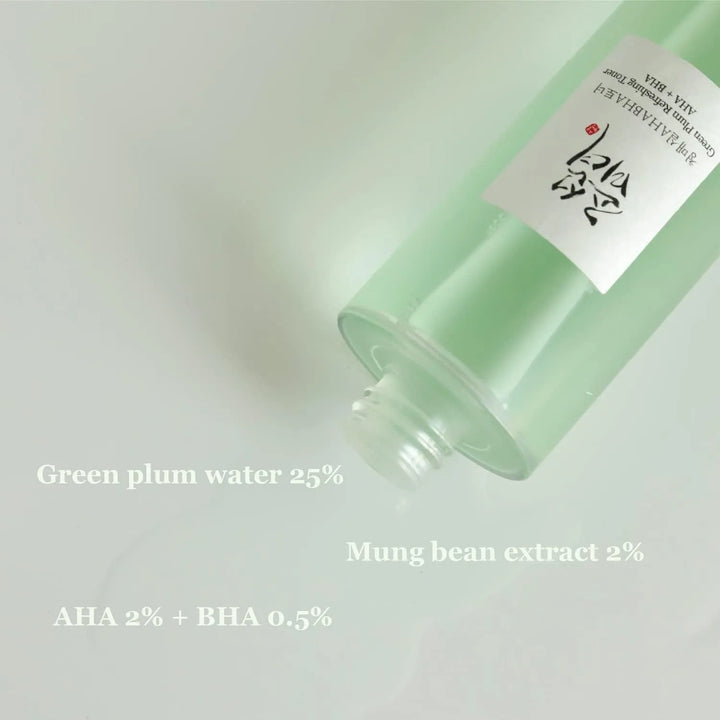 Beauty of Joseon Green Plum Refreshing Toner AHA BHA bottle on a light background, Korean skincare