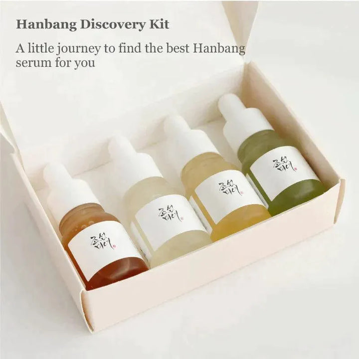Beauty of Joseon Hanbang Serum Discovery Kit with four mini bottles in open box, Korean skincare