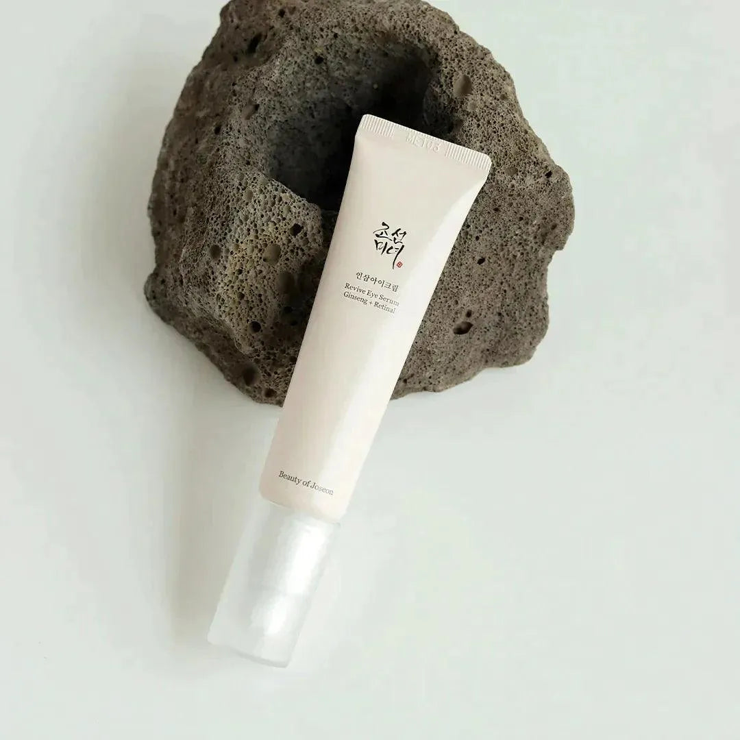 Beauty of Joseon Revive Eye Serum tube on stone, Korean skincare product at Me Time Groningen