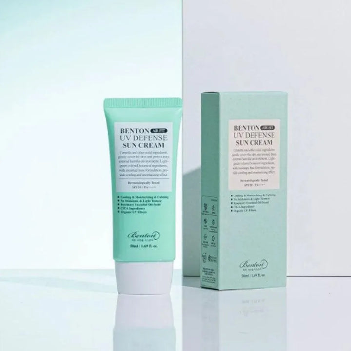 Benton Air Fit UV Defense Sun Cream tube and box, Korean skincare, Me Time Groningen