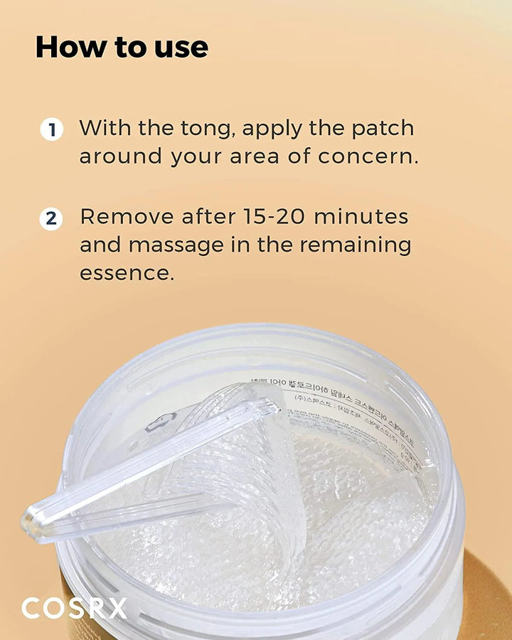 COSRX Advanced Snail Hydrogel Eye Patch jar with applicator and usage instructions, Korean skincare.