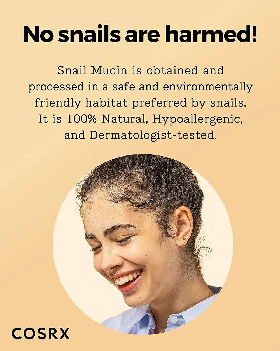 COSRX snail mucin skincare info graphic with smiling woman, Korean skincare at Me Time Groningen