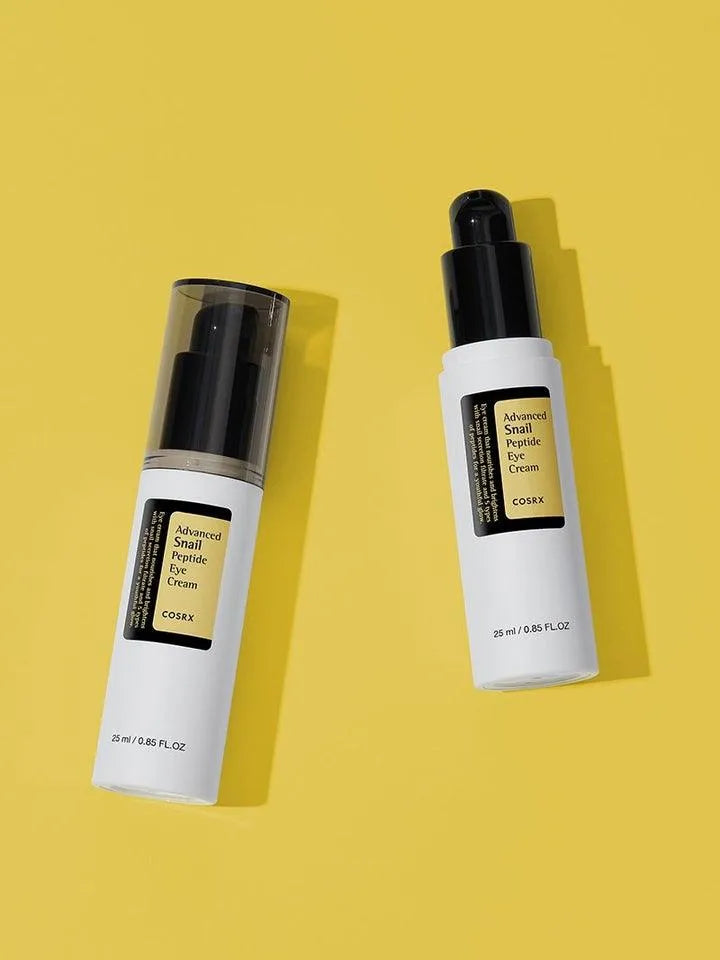 COSRX Advanced Snail Peptide Eye Cream bottles on yellow background, Korean skincare Nederland