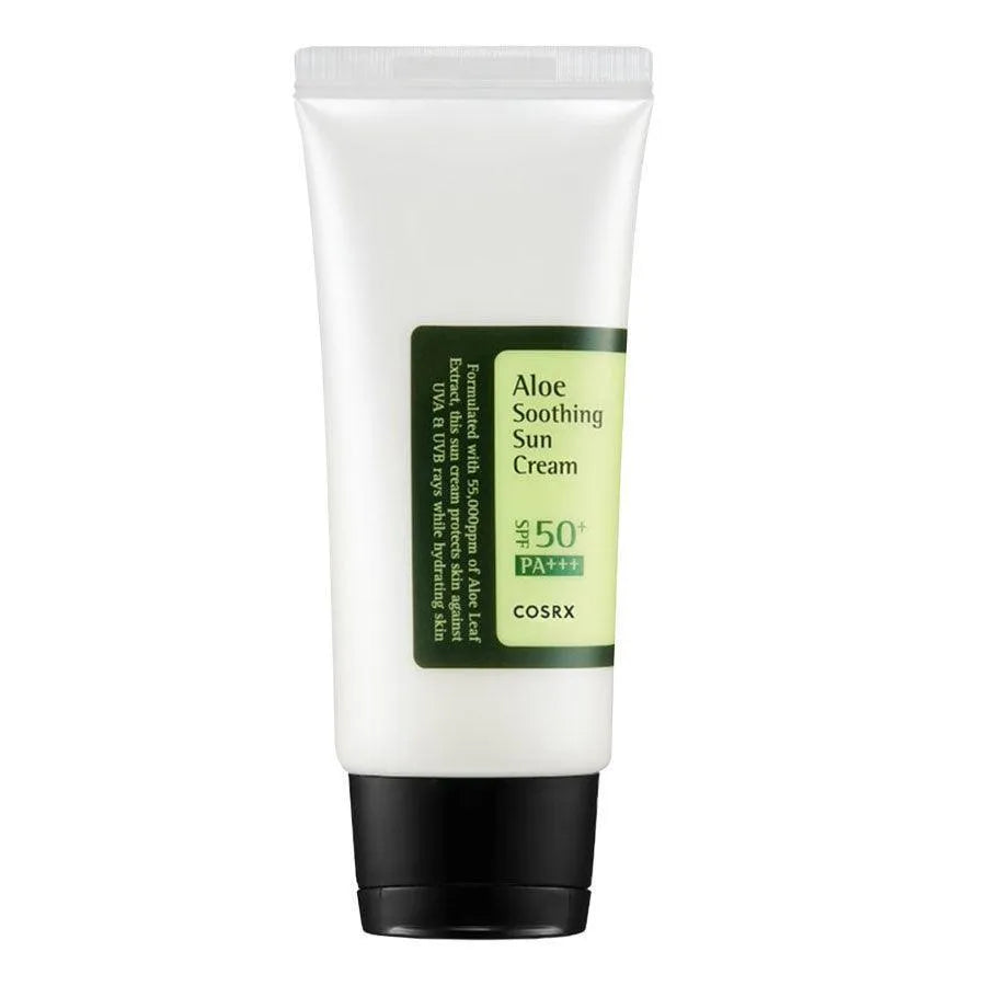 COSRX Aloe Soothing Sun Cream SPF50 Korean skincare product in white tube, Me Time Groningen