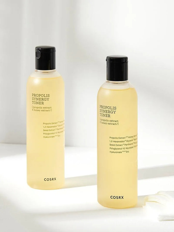COSRX Propolis Synergy Toner bottles on white background, Korean skincare product at Me Time Groningen