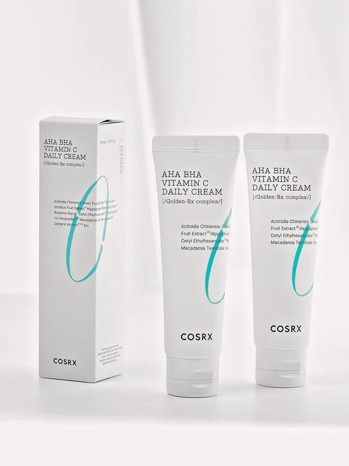 COSRX AHA BHA Vitamin C Daily Cream tubes and box on a white background, Korean skincare