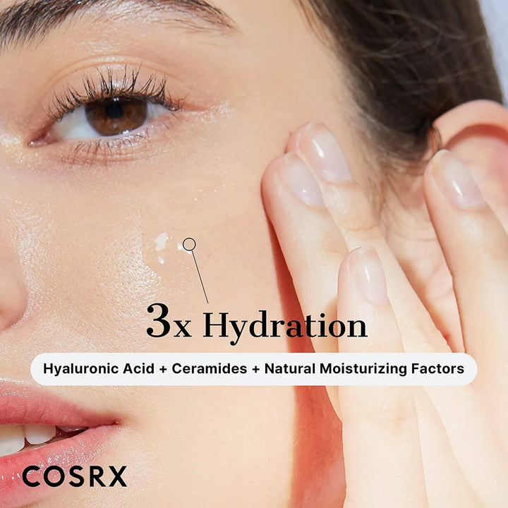 Applying COSRX hyaluronic acid serum, close-up face, Korean skincare Nederland promotion