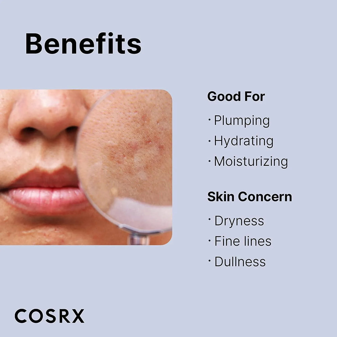 COSRX The Hyaluronic Acid 3 Serum benefits infographic with close-up of skin, Korean skincare Nederland