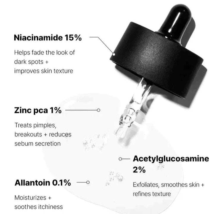 COSRX The Niacinamide 15 Serum dropper with text highlighting skincare ingredients and benefits
