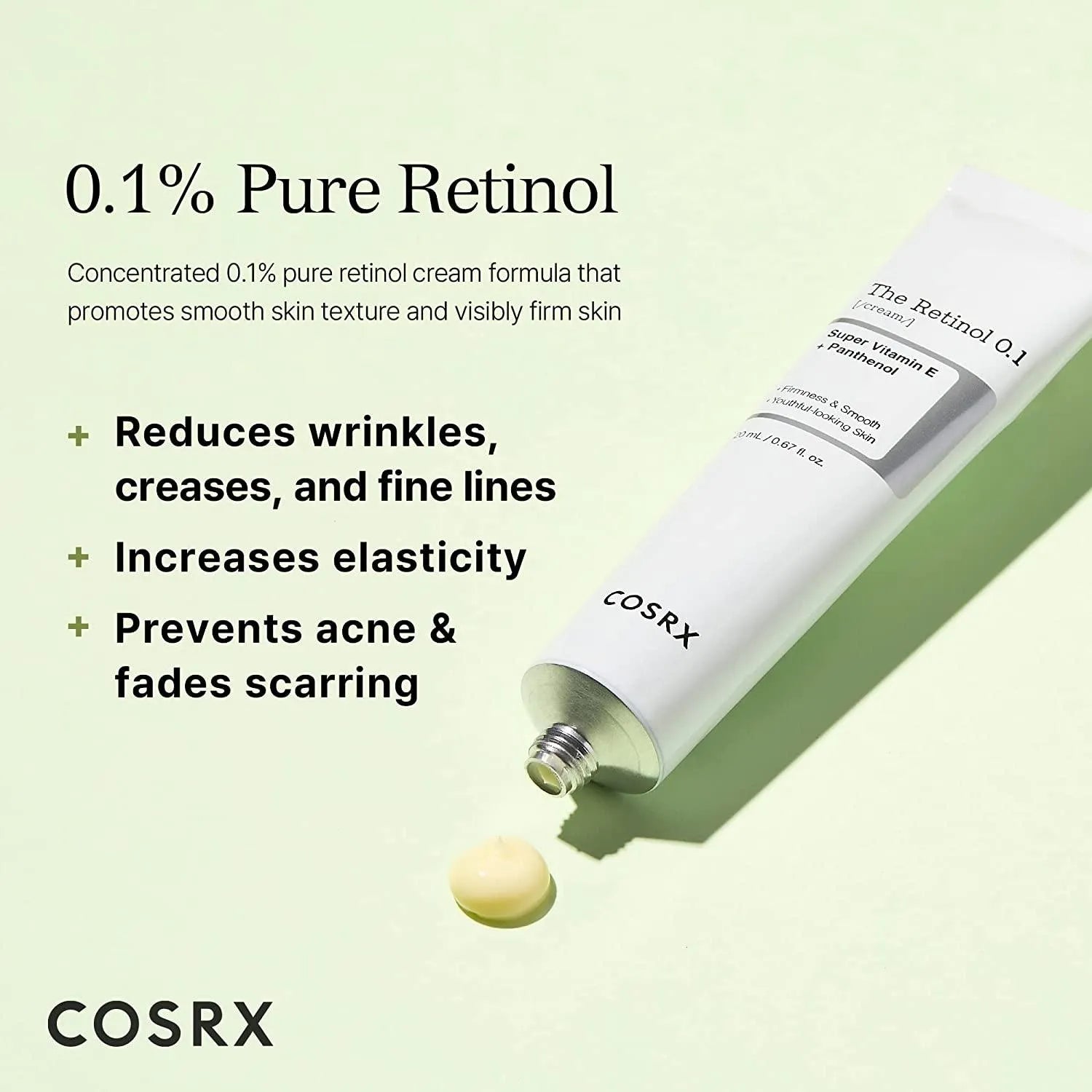 COSRX The Retinol 0.1 Cream tube with cream swatch, Korean skincare, Me Time Groningen