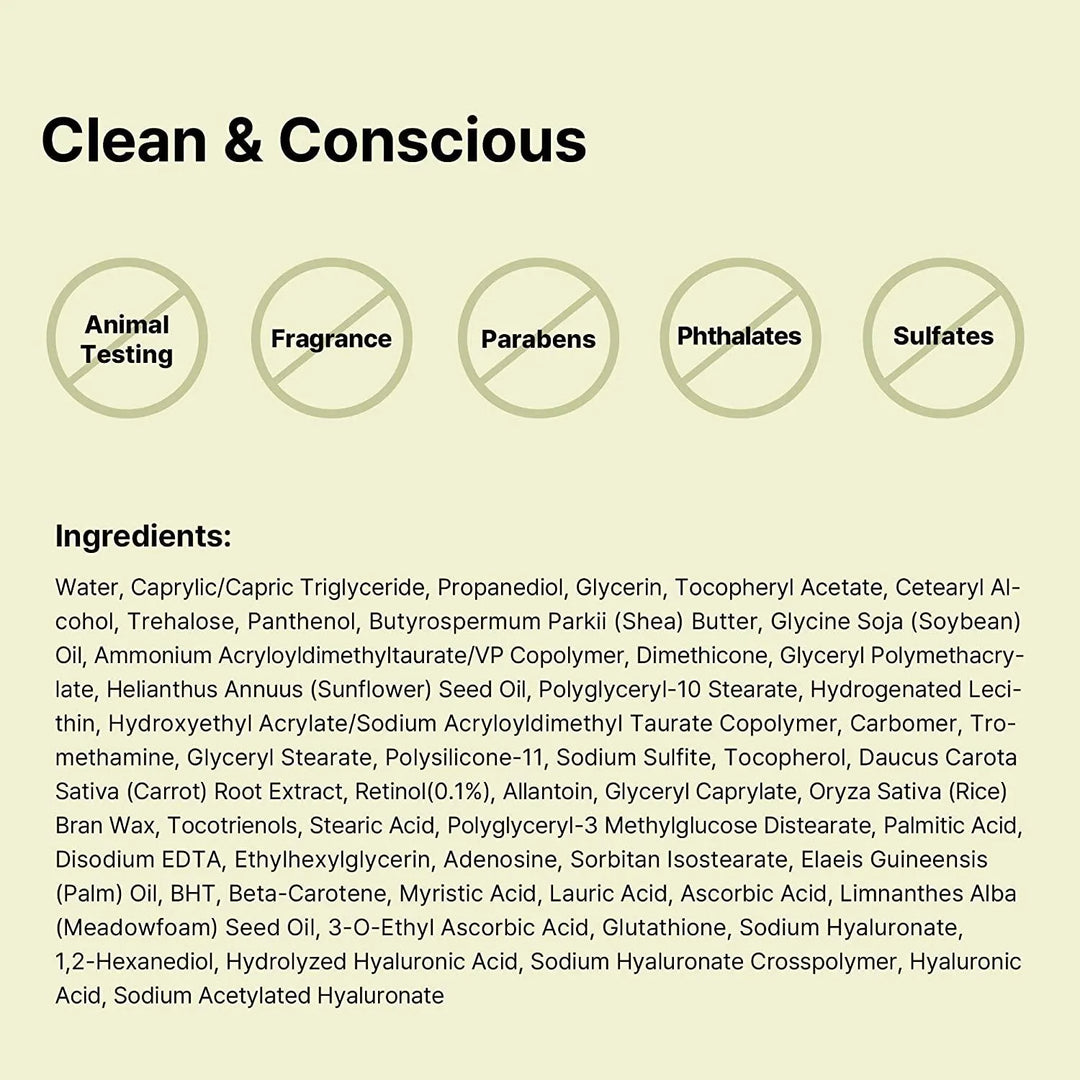 COSRX The Retinol 0.1 Cream clean formula list, free from animal testing, fragrance, parabens, phthalates, and sulfates, ingredients shown, Korean skincare at Me Time Groningen