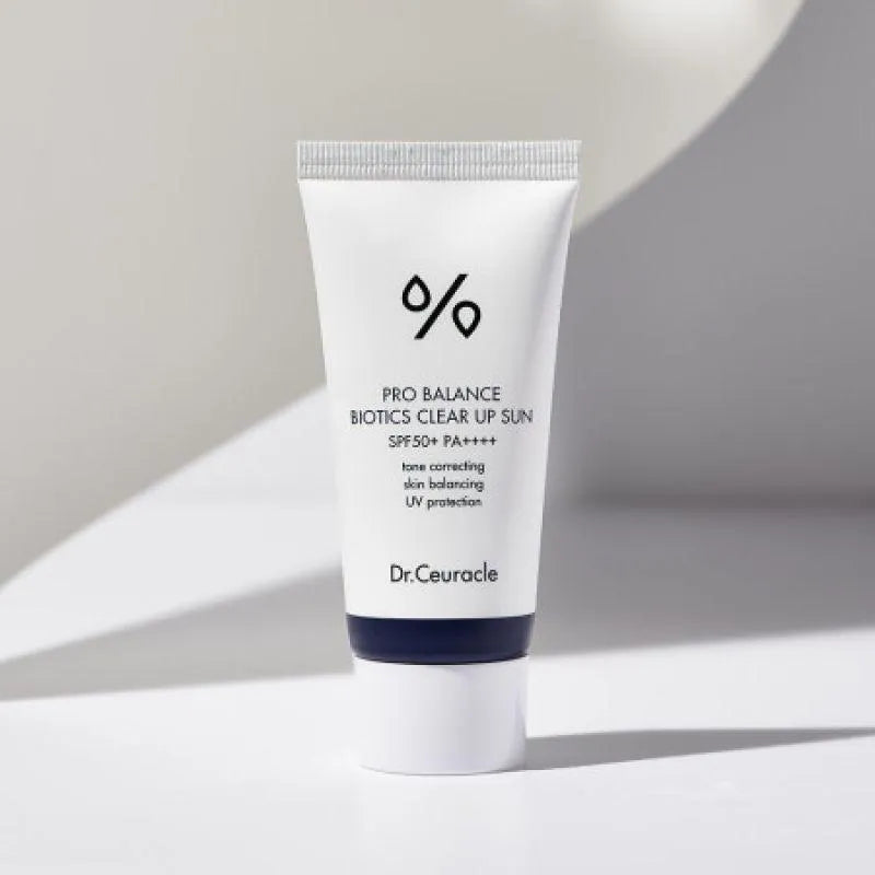 Dr.Ceuracle Pro Balance Biotics Clear Up Sun SPF 50+ sunscreen tube on a white surface, Korean skincare