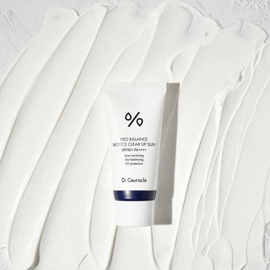 Dr.Ceuracle Pro Balance Biotics Clear Up Sun SPF 50+ Korean sunscreen on white cream smear