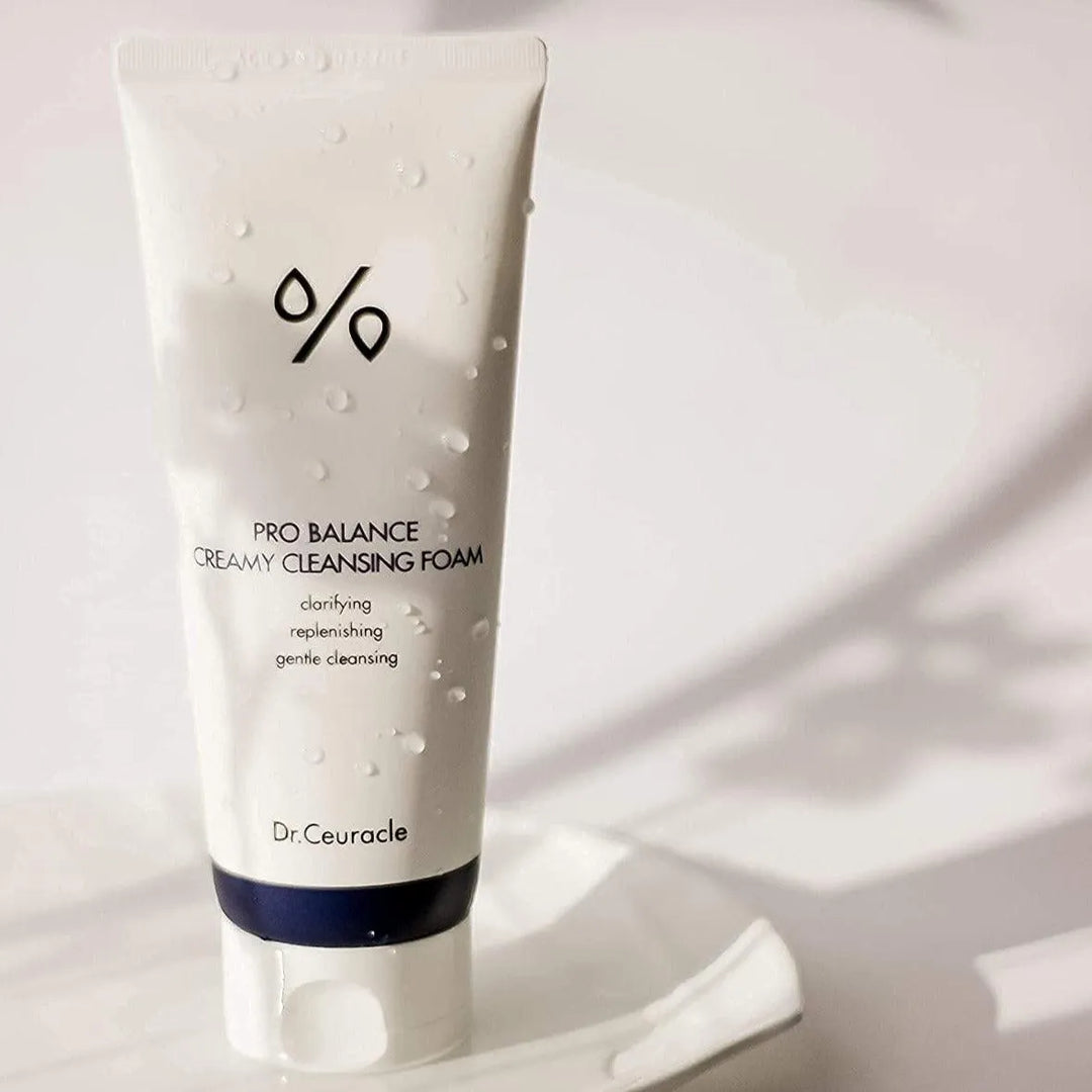 Dr. Ceuracle Pro Balance Creamy Cleansing Foam tube, Korean skincare, on white dish