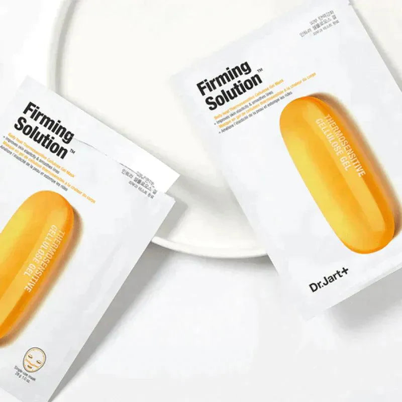 Dr.Jart+ Firming Solution Korean sheet masks on white surface, skincare at Me Time Groningen