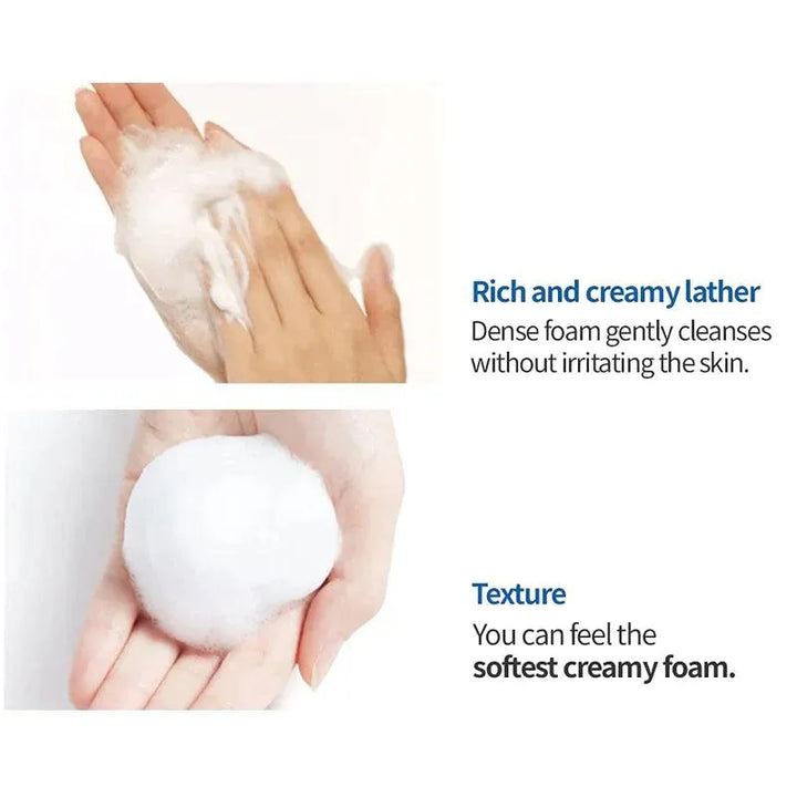 Hands displaying rich creamy lather and soft foam of Etude House Soon Jung pH 5.5 Foam Cleanser, Korean skincare at Me Time Groningen.