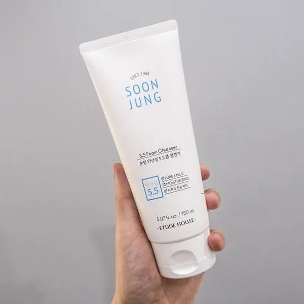 Hand holding Etude House Soon Jung pH 5.5 Foam Cleanser, Korean skincare product
