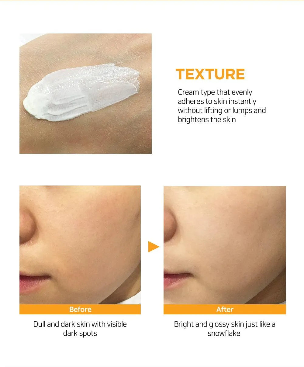 Frudia Tone Up Base Sun Cream texture on hand and before-after results on skin, Korean skincare Nederland at Me Time Groningen.