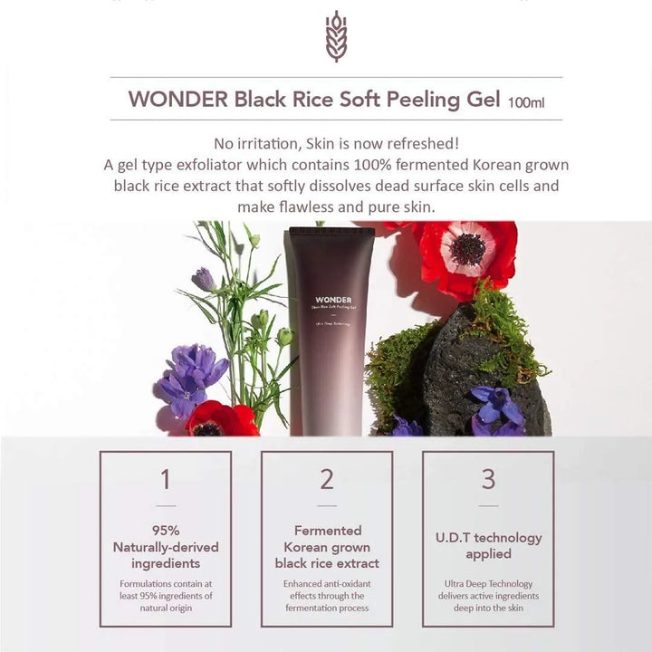 WONDER Black Rice Soft Peeling Gel tube with flowers and skincare benefits, Korean skincare Nederland