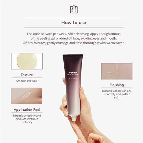 Hand holding Haruharu Wonder Black Rice Soft Peeling Gel with texture and usage instructions