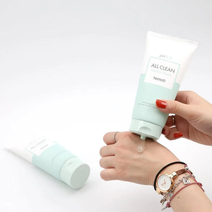 Heimish All Clean Green Foam Korean cleanser tube applied to hand, Me Time Groningen skincare