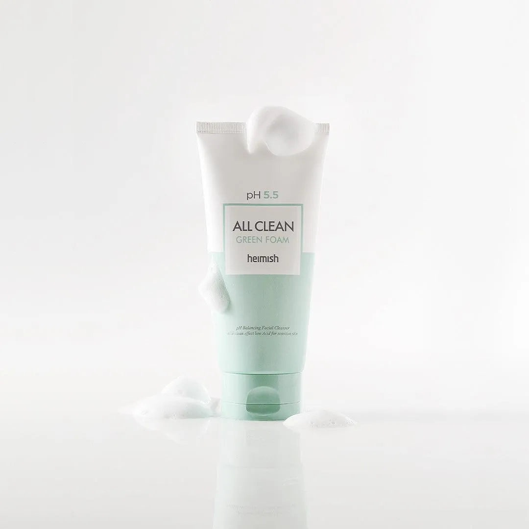 Heimish All Clean Green Foam cleanser with visible bubbles, Korean skincare product on white background
