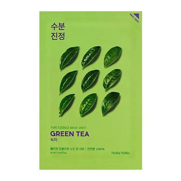 Holika Holika Pure Essence green tea sheet mask, Korean skincare product on green packaging