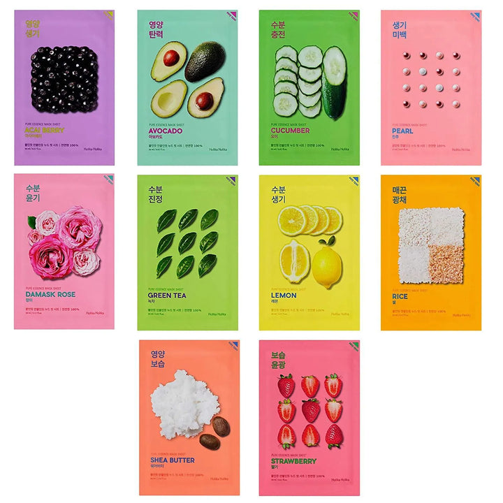 Holika Holika Pure Essence Korean sheet mask collection with colorful fruit and plant designs, Me Time Groningen