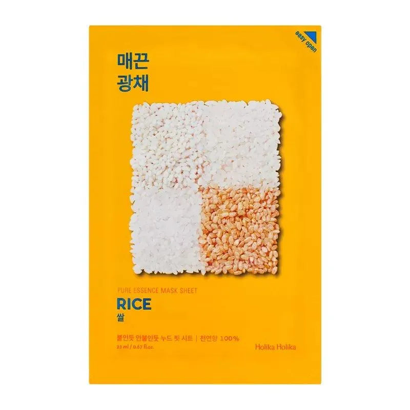 Holika Holika Pure Essence Rice Mask Sheet on yellow packaging, Korean skincare at Me Time Groningen