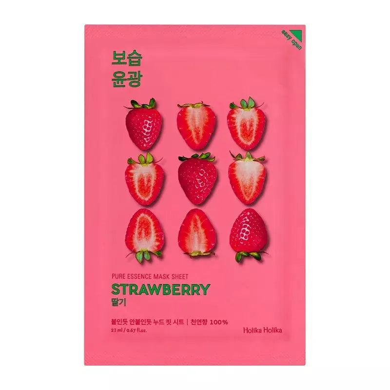 Holika Holika Pure Essence Mask Sheet Strawberry packaging, Korean skincare product on pink background