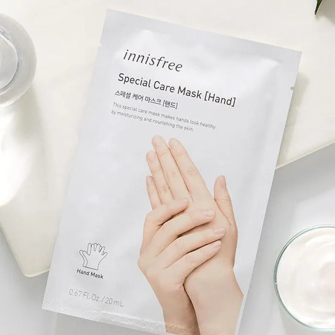Innisfree Special Care Mask Hand sheet mask on table, Korean skincare Nederland product