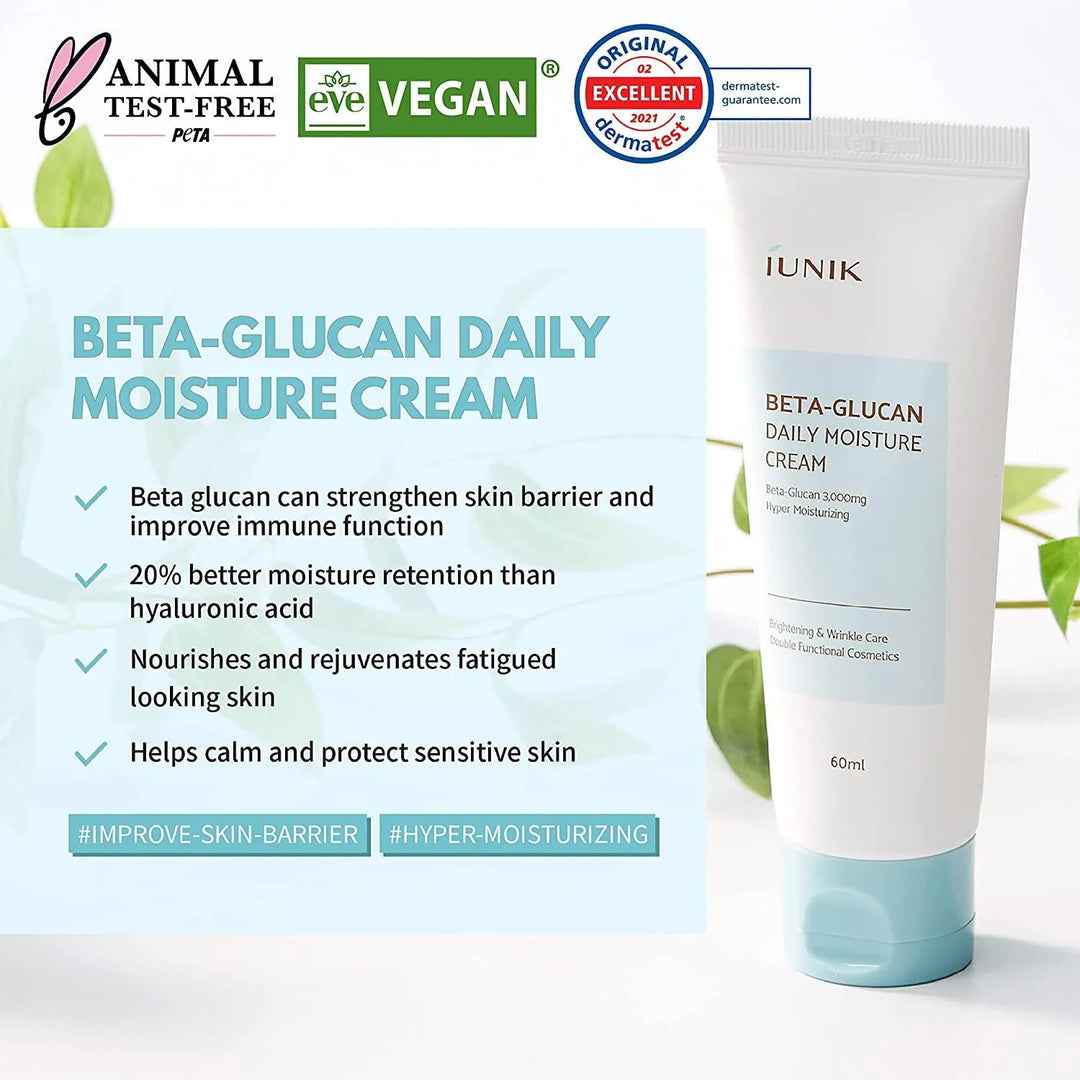 iUNIK Beta-Glucan Daily Moisture Cream tube with vegan and cruelty-free labels, Korean skincare.