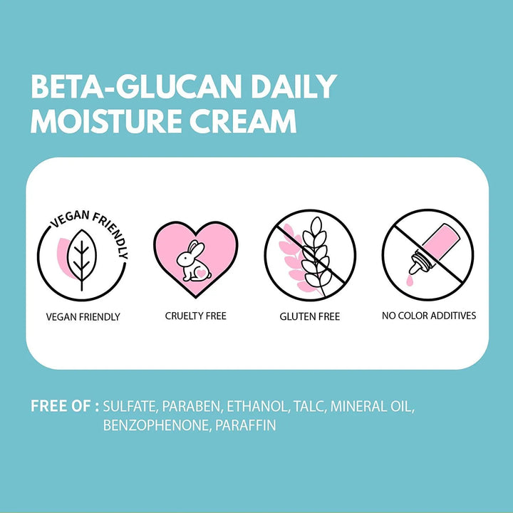 iUNIK Beta-Glucan Daily Moisture Cream benefits with vegan, cruelty free, gluten free icons, at Me Time Groningen Korean skincare shop.