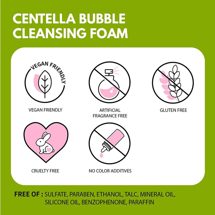 Centella Bubble Cleansing Foam features vegan, cruelty free, gluten free, fragrance free, no color additives skincare icons, Korean skincare Nederland Me Time Groningen.