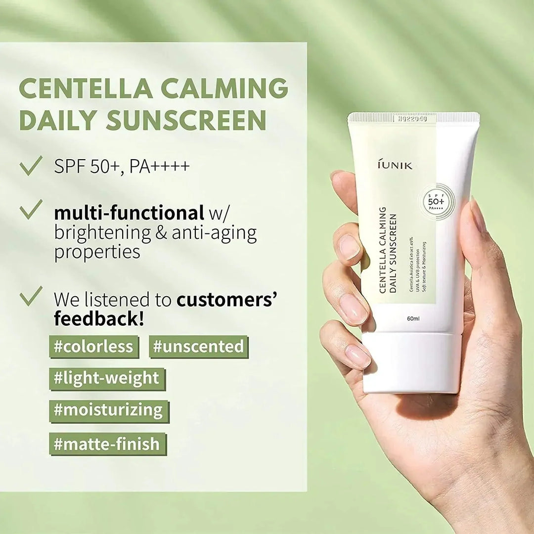 Hand holding iUNIK Centella Calming Daily Sunscreen SPF 50+, Korean skincare at Me Time Groningen