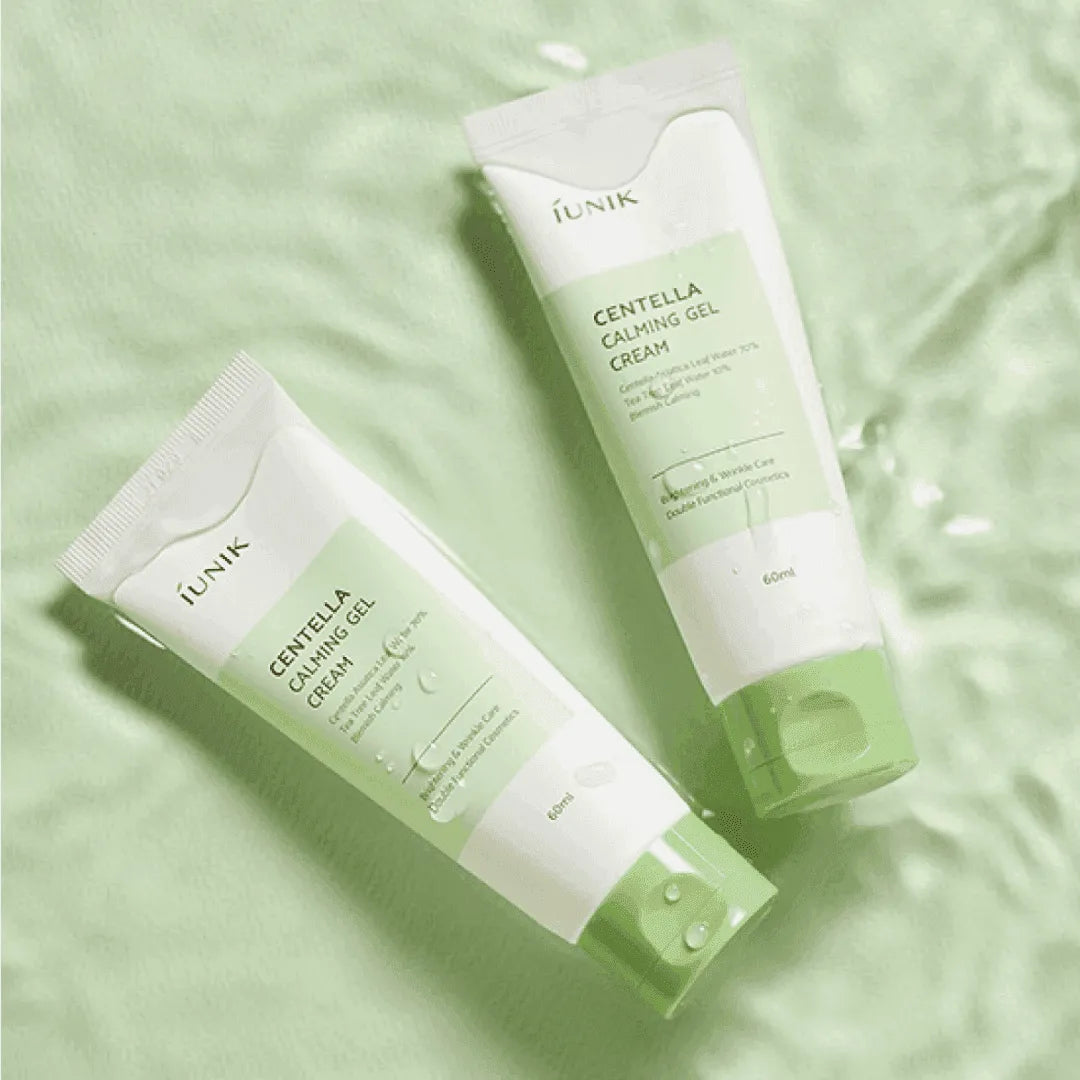 iUNIK Centella Calming Gel Cream tubes on a green background, Korean skincare Nederland