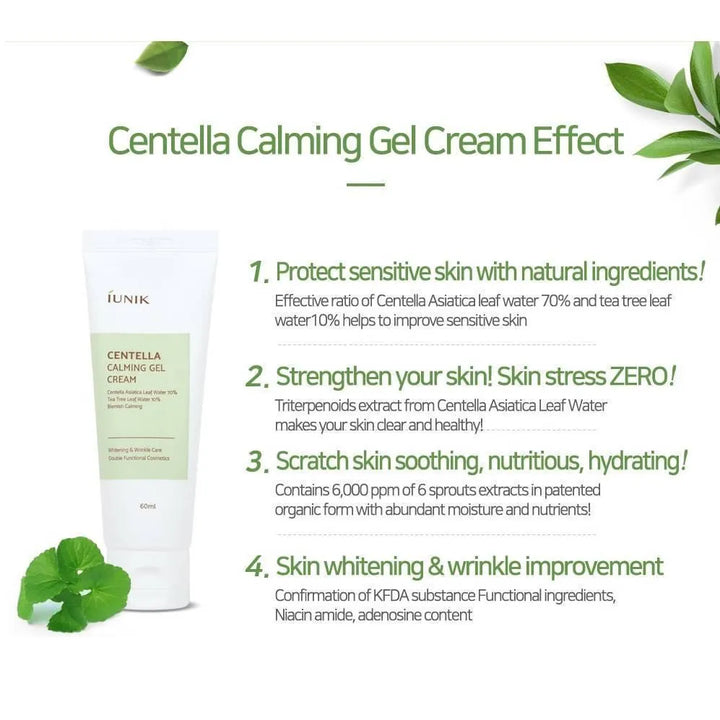 iUNIK Centella Calming Gel Cream tube with benefits listed, Korean skincare at Me Time Groningen
