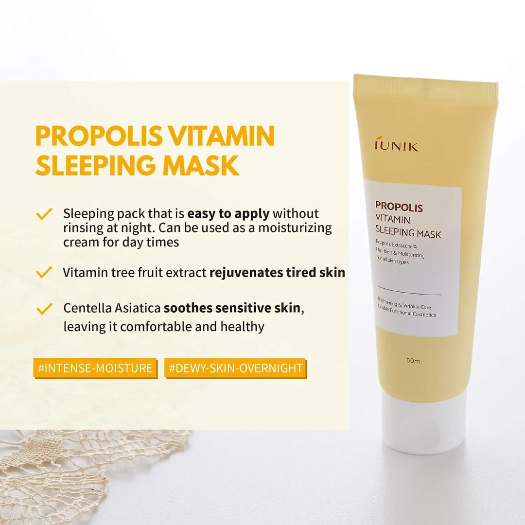 iUNIK Propolis Vitamin Sleeping Mask tube with product benefits for Korean skincare at Me Time Groningen