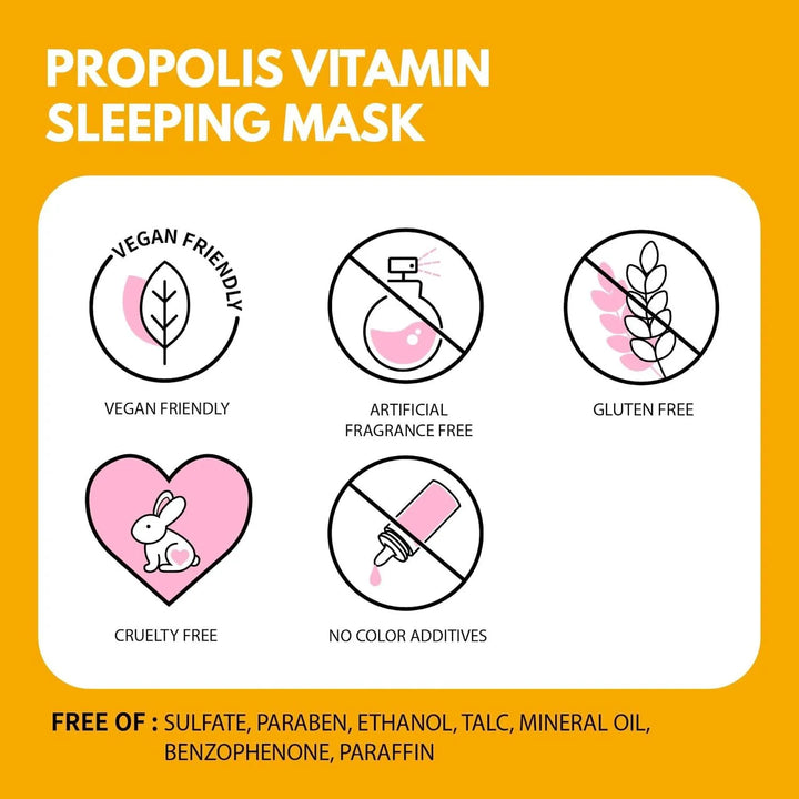 iUNIK Propolis Vitamin Sleeping Mask features vegan, cruelty free, gluten free, fragrance free benefits, Korean skincare Me Time Groningen