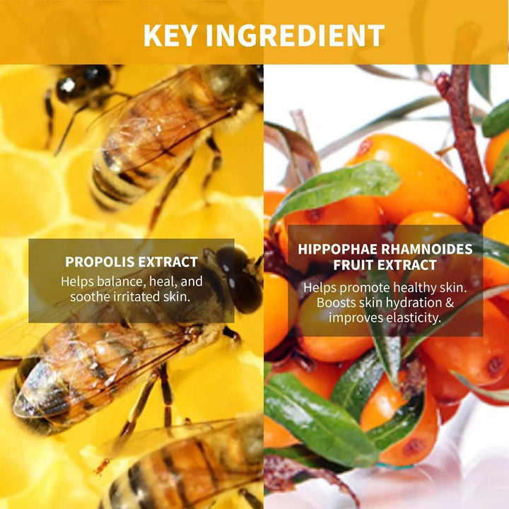 Korean skincare serum ingredients with propolis extract, bees, and seaberry fruit for healthy skin